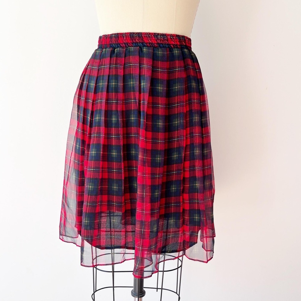 SIZE S/M Ann Taylor Pleated Skirt Red Plaid Vintage Grunge Punk Sheer Preppy